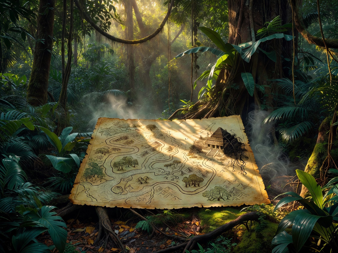 Ancient treasure map leading toward a mysterious temple deep within the jungle