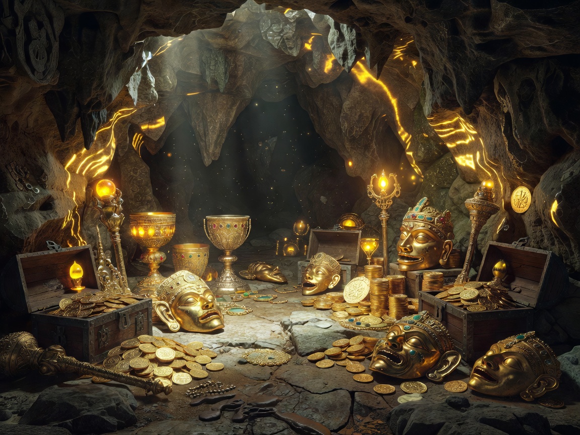 Glowing golden relics and treasures hidden in a cave