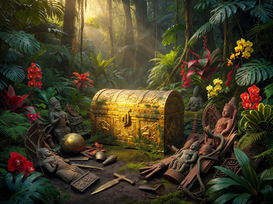 Golden treasure chest surrounded by jungle relics and tropical plants