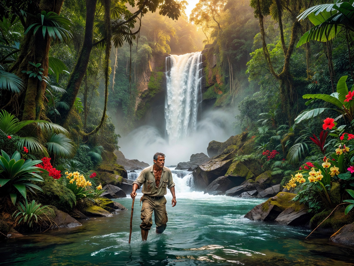 Explorer traversing a lush jungle river and waterfall