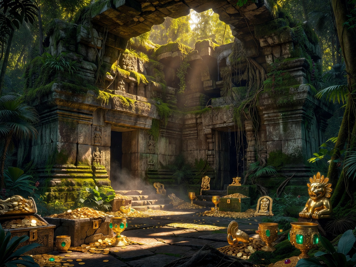 Ancient jungle temple illuminated by golden light and hidden treasures